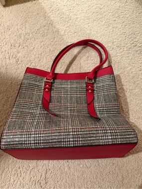 Red Plaid Tote Bag with Leather Trim